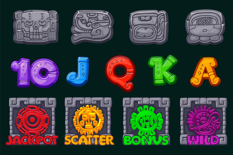 The symbols of the Aztec-based slot game with colorful letters, jackpot, scatter, bonus, and wild symbols are inspired by the ancient Mesoamerican art.