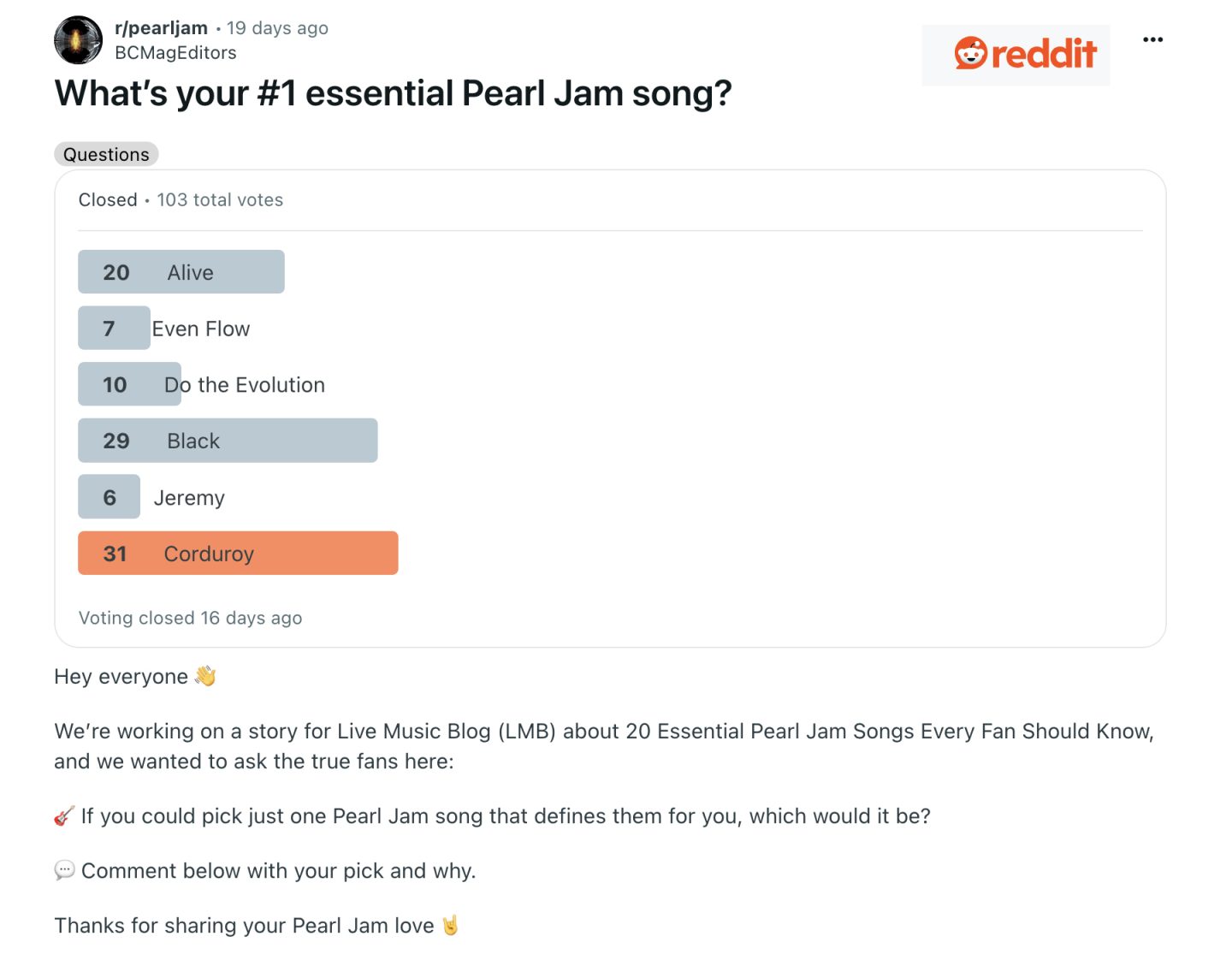 #1 essential Pearl Jam song poll on Reddit