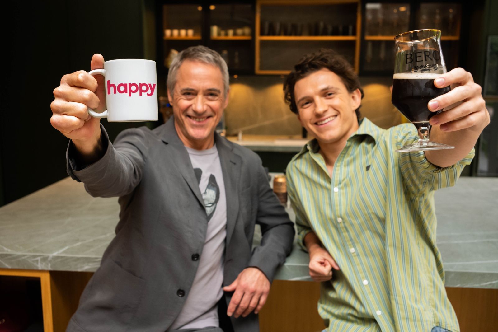 Tom Holland and Robert Dawney Jr, with Beverages